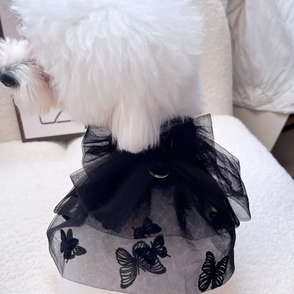 Black gauze princess tulle skirt for a small dog, showing the fitted bodice and full skirt.