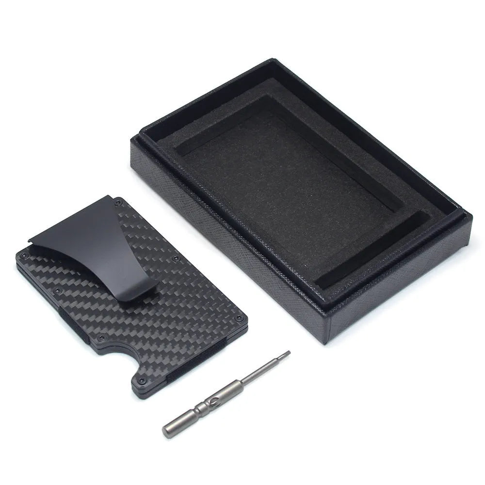 Geometric aluminium and carbon fibre card holder wallet with 8mm thickness for 6-15 cards