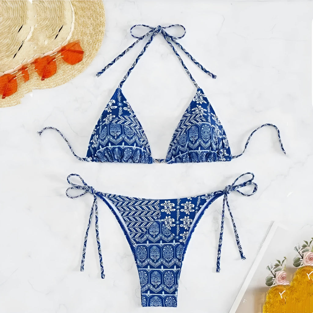 Women's split bikini swimsuit with bandage stitching in polyester fabric