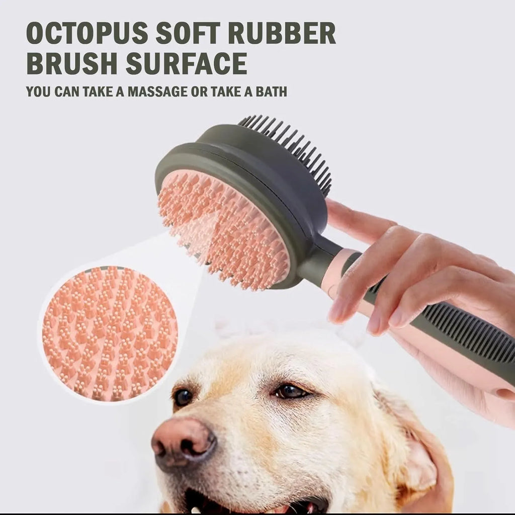 Green and pink double-sided cat brush with release button and flea comb for pet grooming