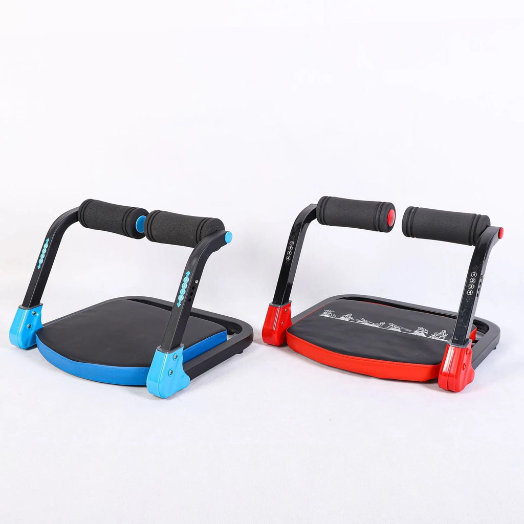 Mini multifunctional abdominal wheel fitness equipment shown in red and sky blue colour options.