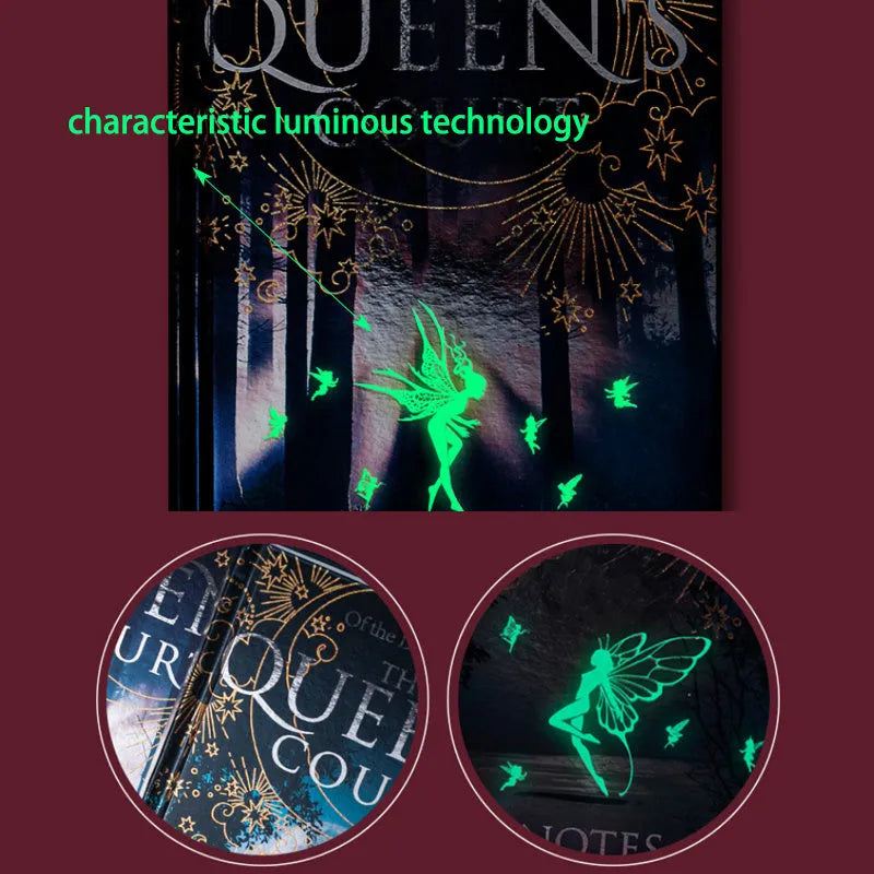 Blue and purple A5 luminous hardcover notebooks with Night Elves design, open to show full-colour illustrated pages.
