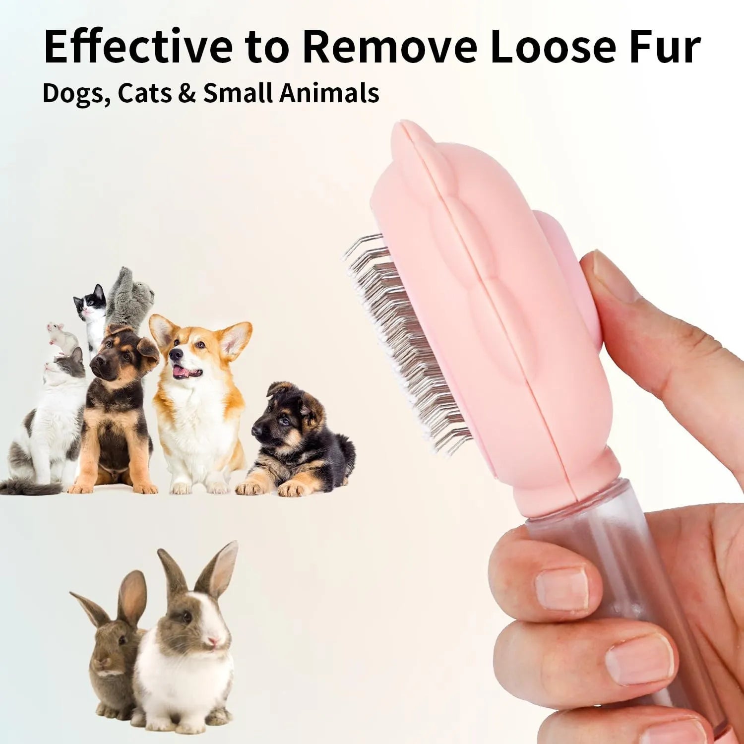 Grey spray cat grooming brush with self-cleaning button and stainless steel bristles on a white background