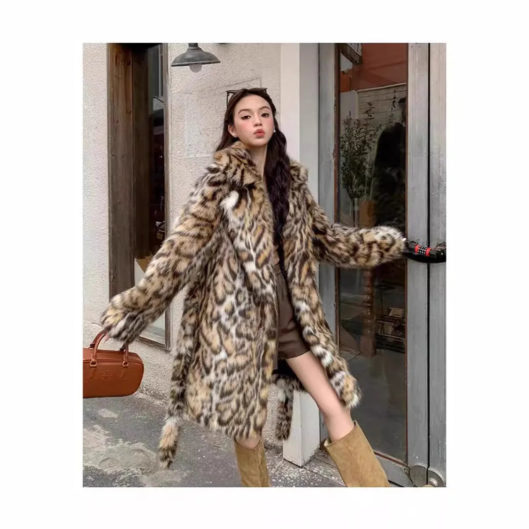 Women's artificial fur coat with fur collar in street fashion style showing mid-length and long options