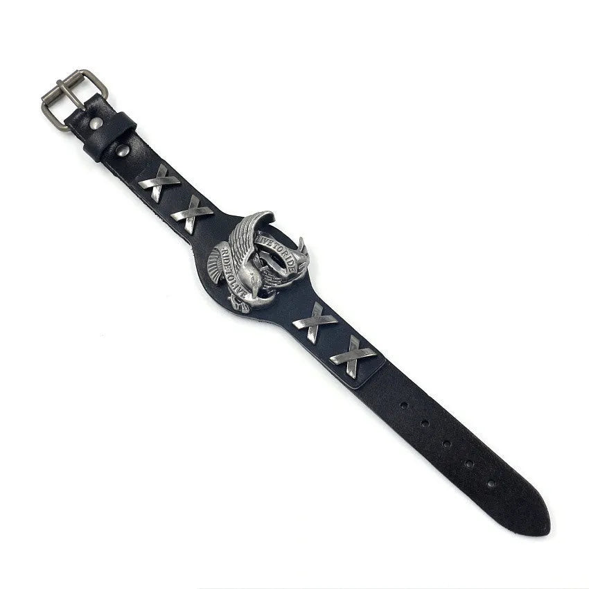 Black geometric leather bracelet with metallic eagle clasp showing 26cm length and varying width dimensions