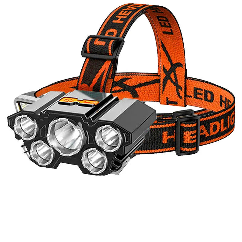 Head-mounted 10W LED miner's lamp flashlight with adjustable strap on a black background.