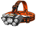 Head-mounted 10W LED miner's lamp flashlight with adjustable strap on a black background.