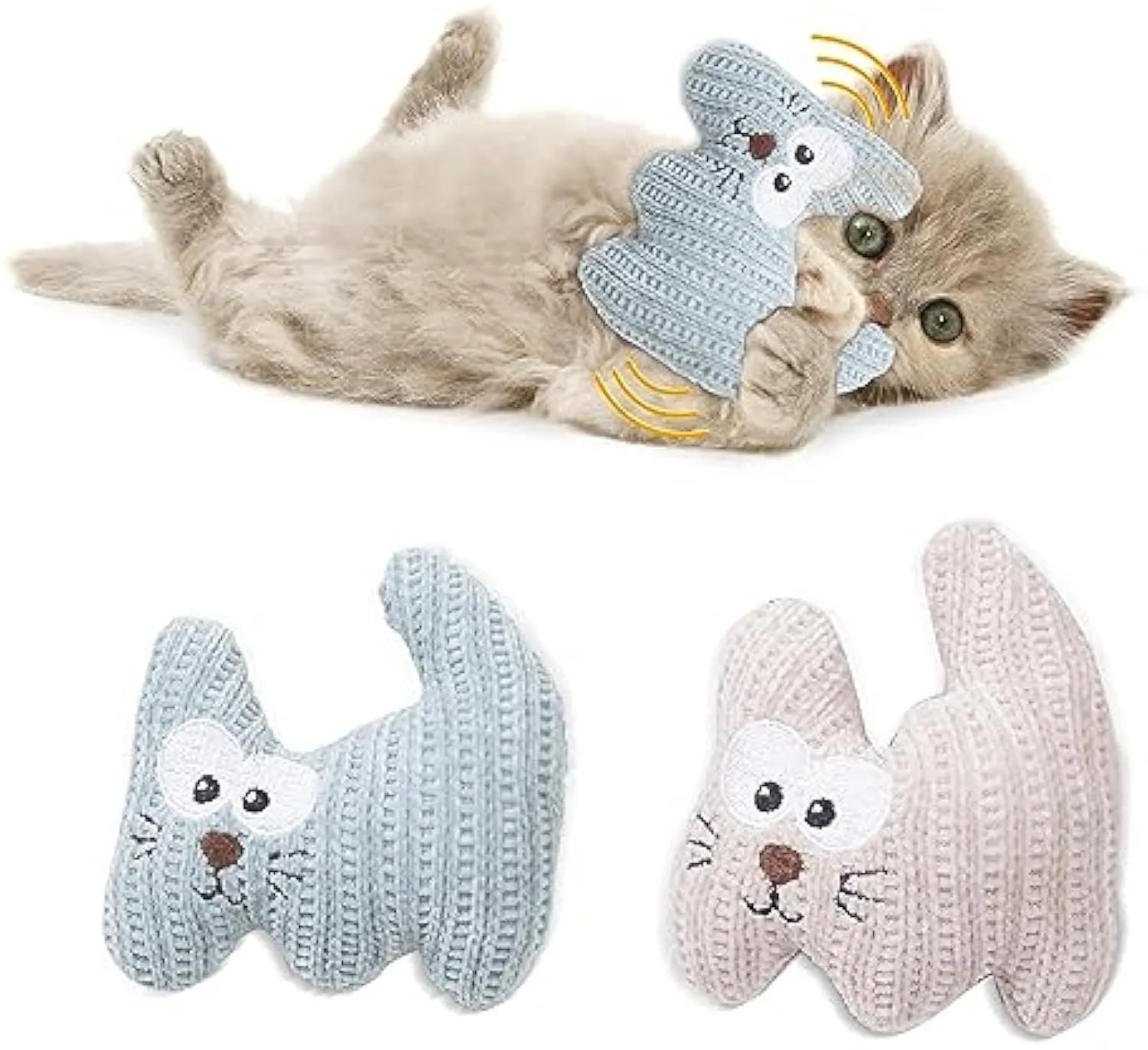 Cyan knitted plush cat toy with bell and catnip, measuring 12 by 11 centimetres.