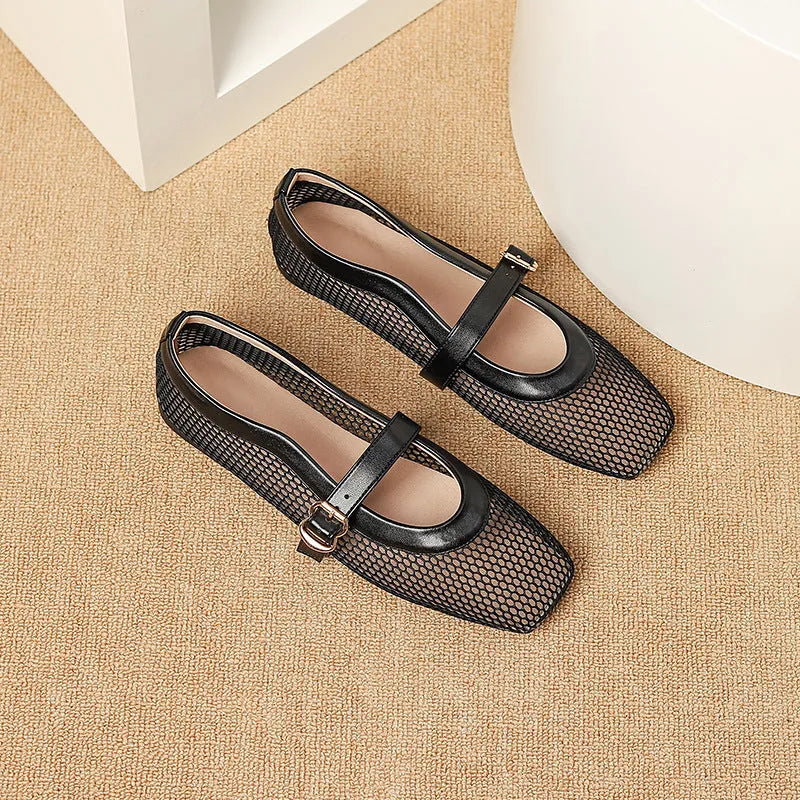 Women's beige mesh summer pumps with a square toe and silver buckle closure on a flat beef tendon sole.
