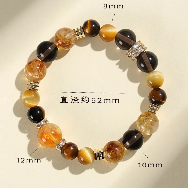 Close-up of a yellow artificial crystal beaded bracelet with 10mm Jinba beads on a wrist.