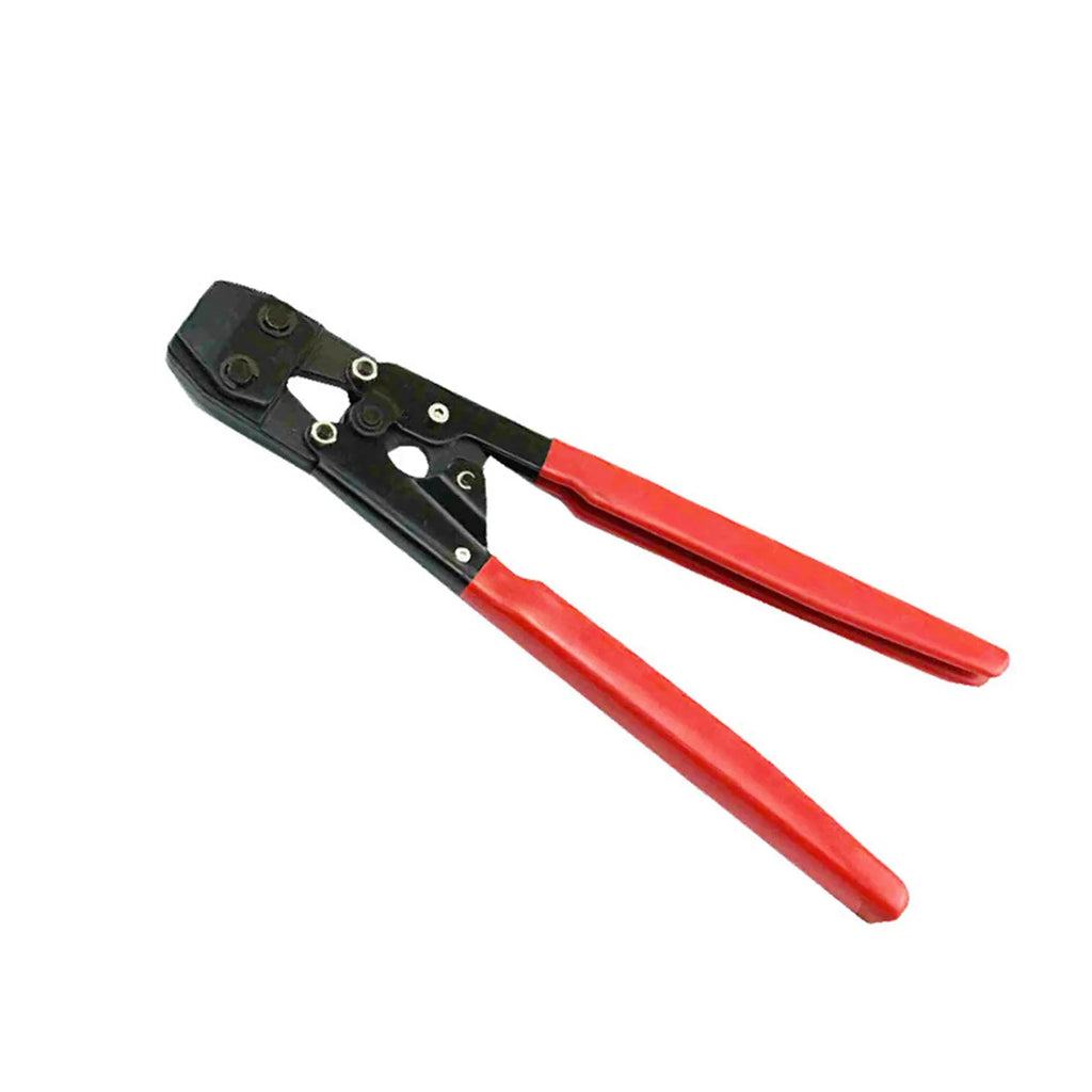 Red cloth style single ear metal PEX clamp with carbon steel cutting edge.