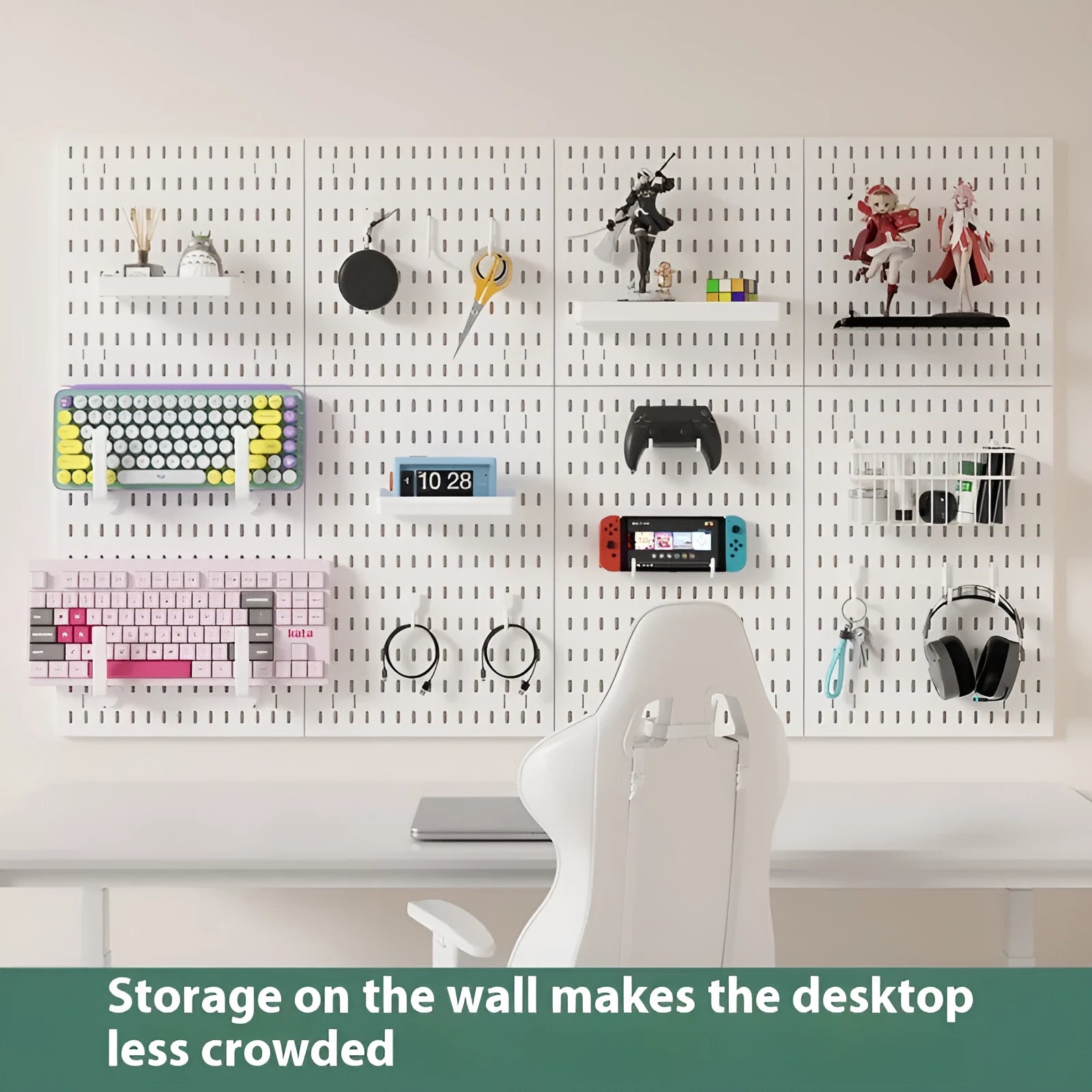 White punch-free wall wire-wrap storage board with organisational items displayed