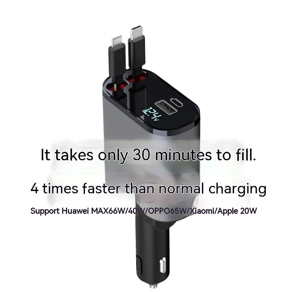 Retractable car cigarette lighter charger with multiple USB ports for charging devices