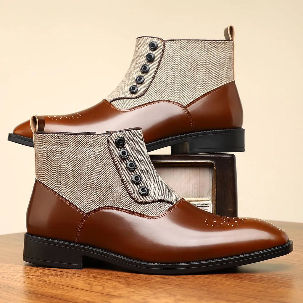 Men's brown retro business shoes with square toe and side zipper