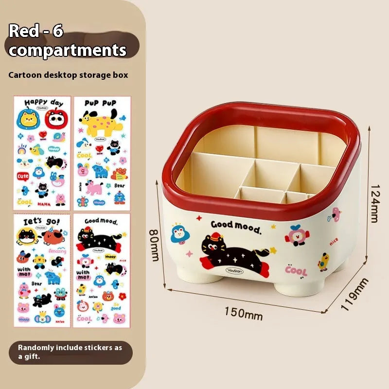 Red and brown cartoon-style plastic desktop storage organiser with grid compartments.