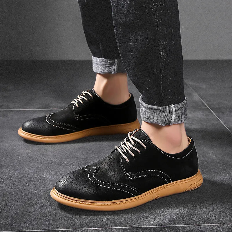 Men's low-top lace-up business shoes in genuine cowhide leather, shown in grey, sand, black, and green colour options.