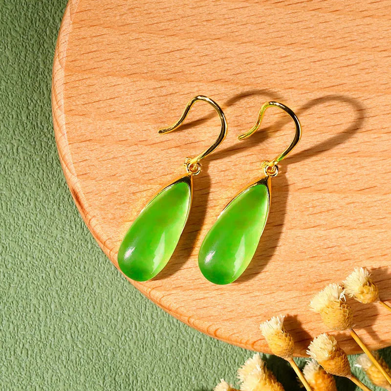 Chinese style geometric earrings with electroplated copper construction and jade CP798 colour