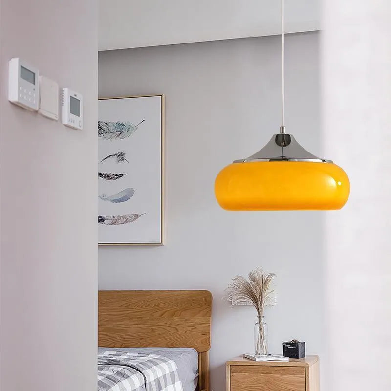 Bauhaus retro style glass pendant ceiling light with three egg tart shaped shades in milk white finish.