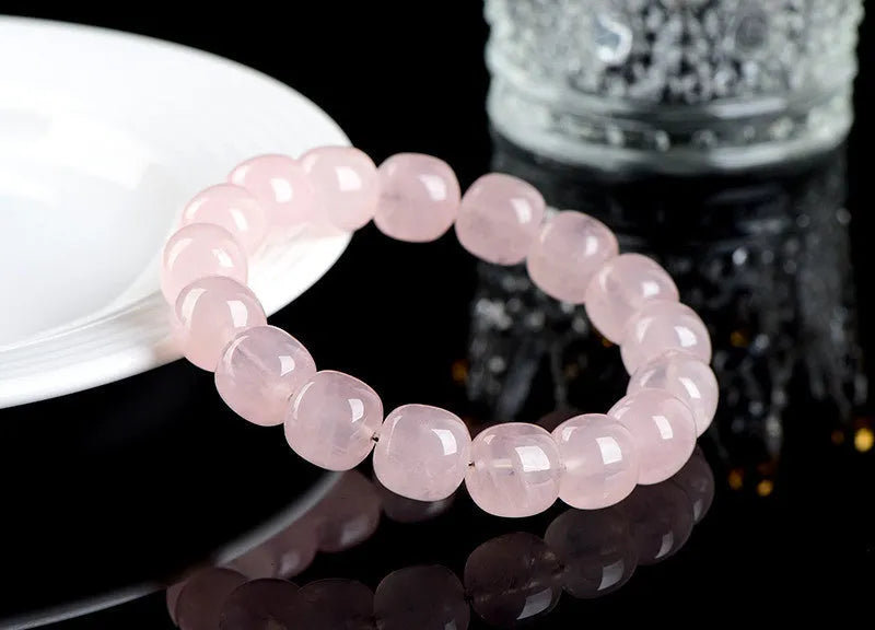 Pink bamboo crystal bracelet with 11-12mm geometric barrel beads