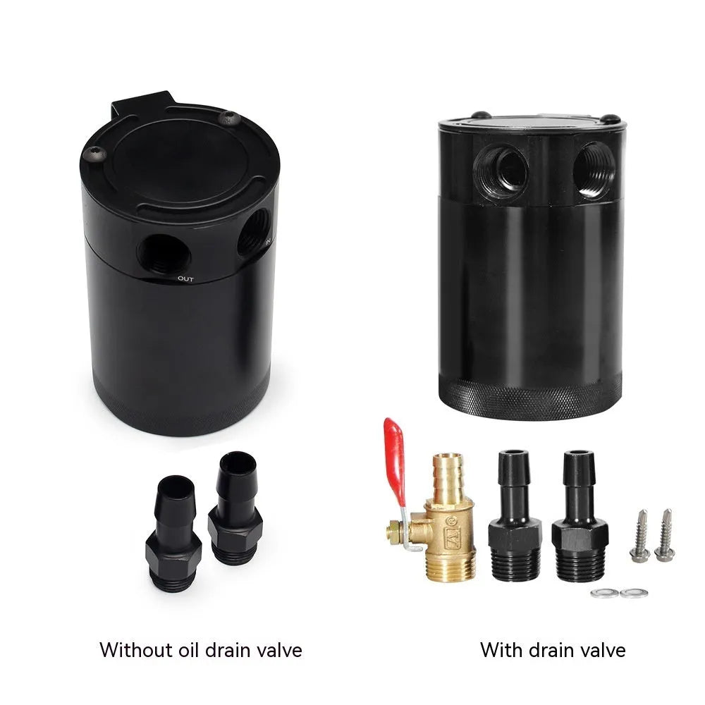 Black aluminium two hole automotive oil can with oil-free valve and connectors.