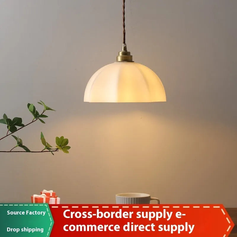 Small brass Chinese style droplight with copper glass shade for bedroom or dining room