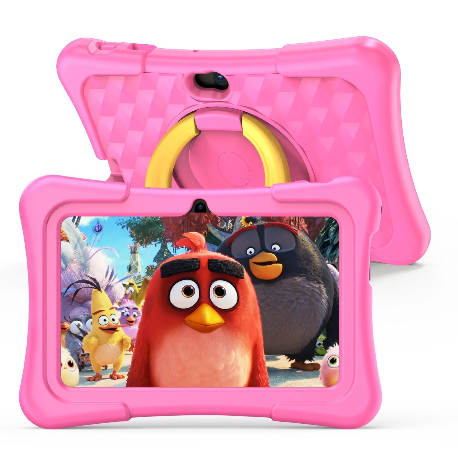 Blue and pink 7-inch children's tablet with silicone cover and rotating handle on a table.