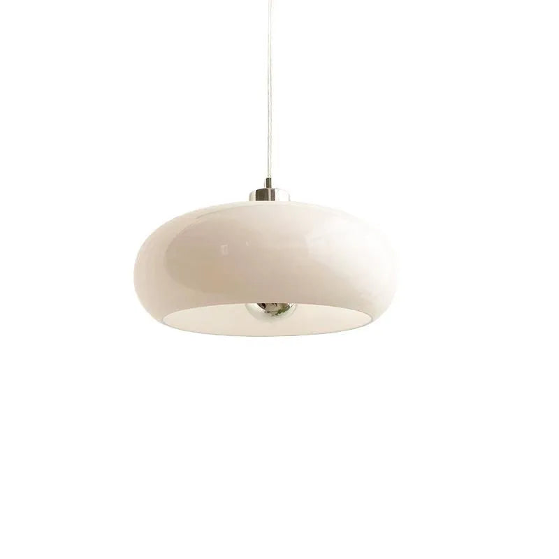 Bauhaus retro style glass pendant ceiling light with three egg tart shaped shades in milk white finish.