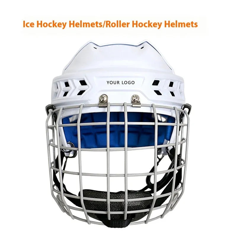 Ice hockey helmet with a carbon steel face mask on a solid colour background.