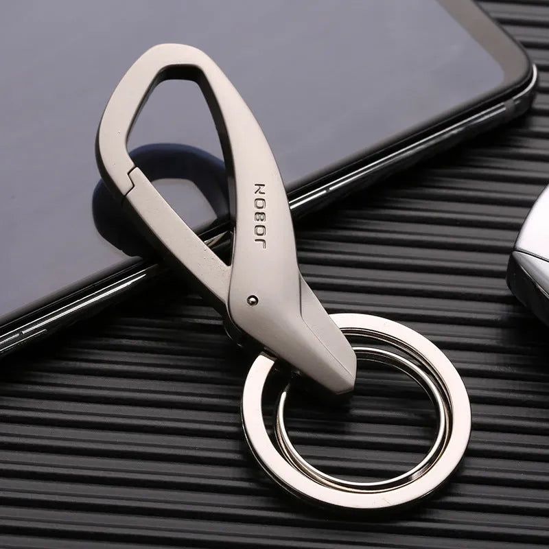 Zinc alloy double ring car key chain in black, chrome, or nickel colour, 8.3 x 3.5 cm