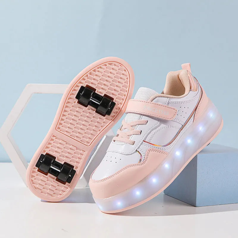 Children's charging flash rollerskates with LED lights in pink colour