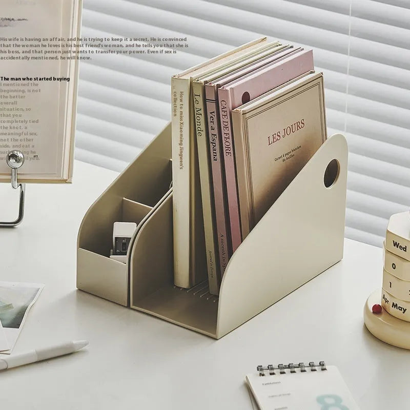 Plastic desktop storage box with 2-layer grid shelf in milk coffee colour