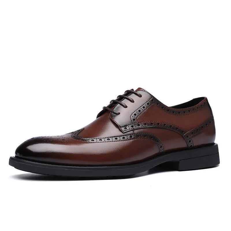 Men's black and brown brogue leather business shoes with traditional perforated decoration
