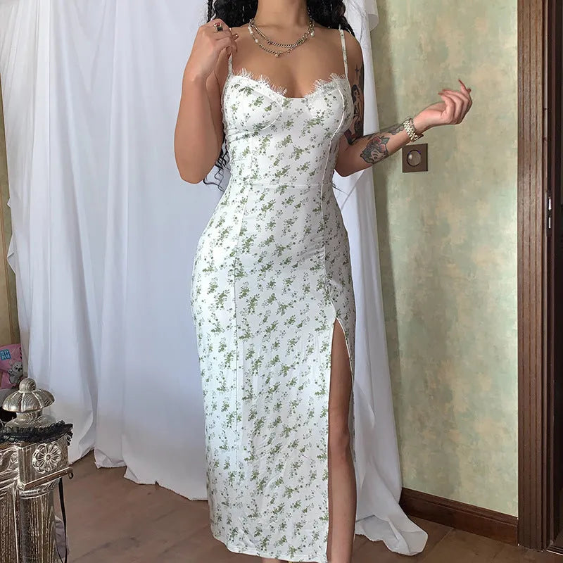 Women's lace flower print long dress with side slit and adjustable suspender straps in summer colours