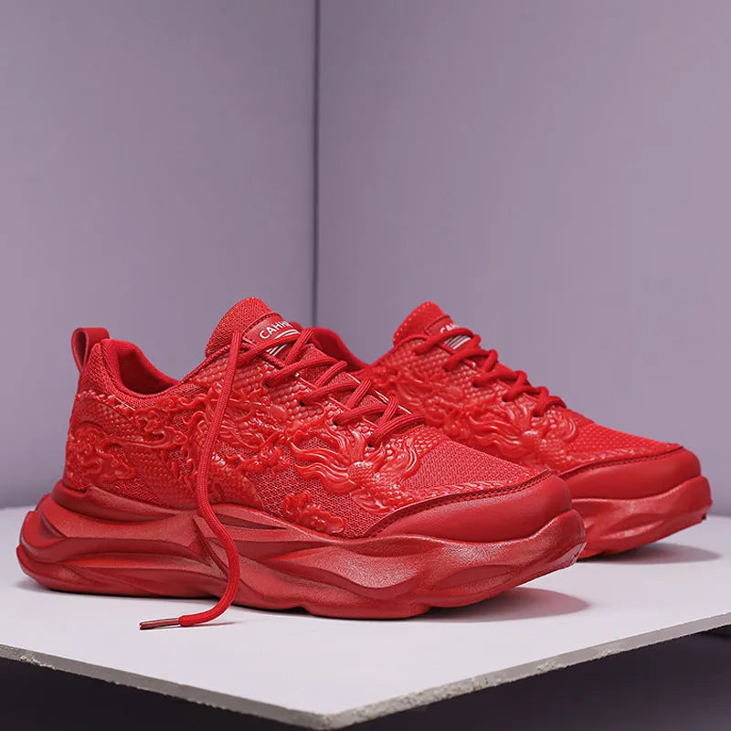 Chinese dragon themed casual sneakers with fly knit upper in four colour options