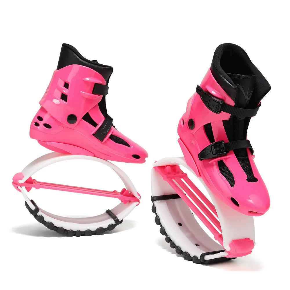 TPU bouncing shoes for sports in colours like black silver, green black, and rose pink.