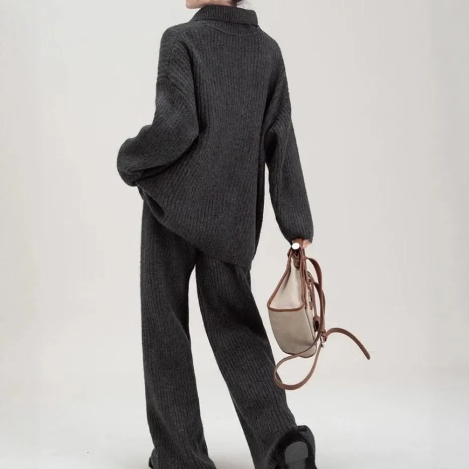 Women's sweater suit two-piece set with knitted top and casual trousers in neutral colours