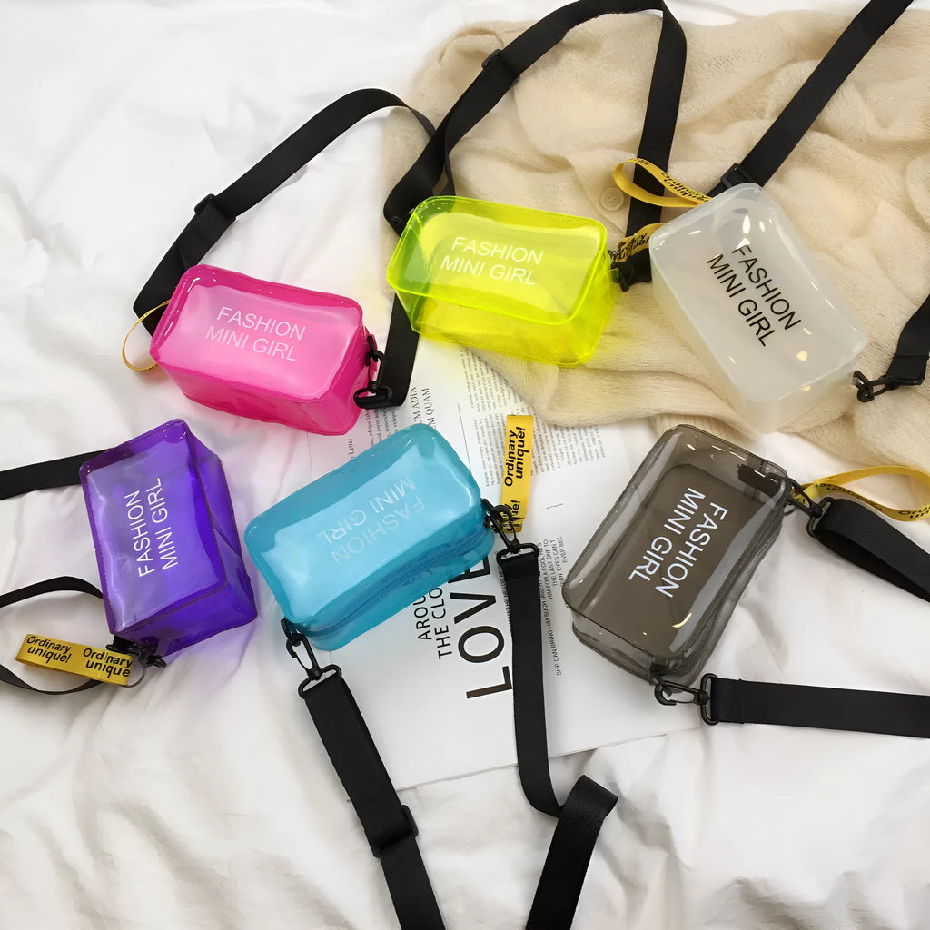Transparent square jelly shoulder bag with adjustable strap showing mobile phone compartment