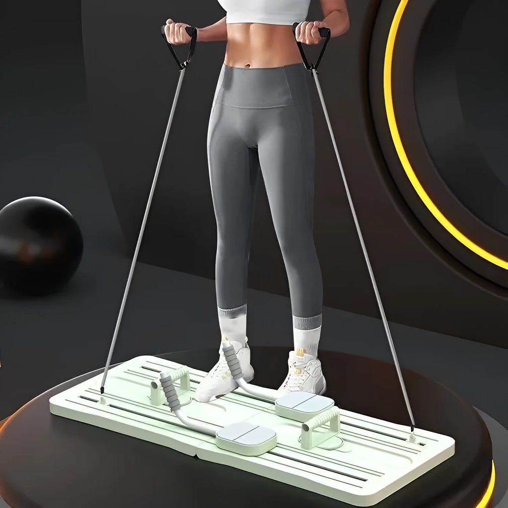 Foldable purple PP fitness belly panel shown flat, used for core workouts at home.