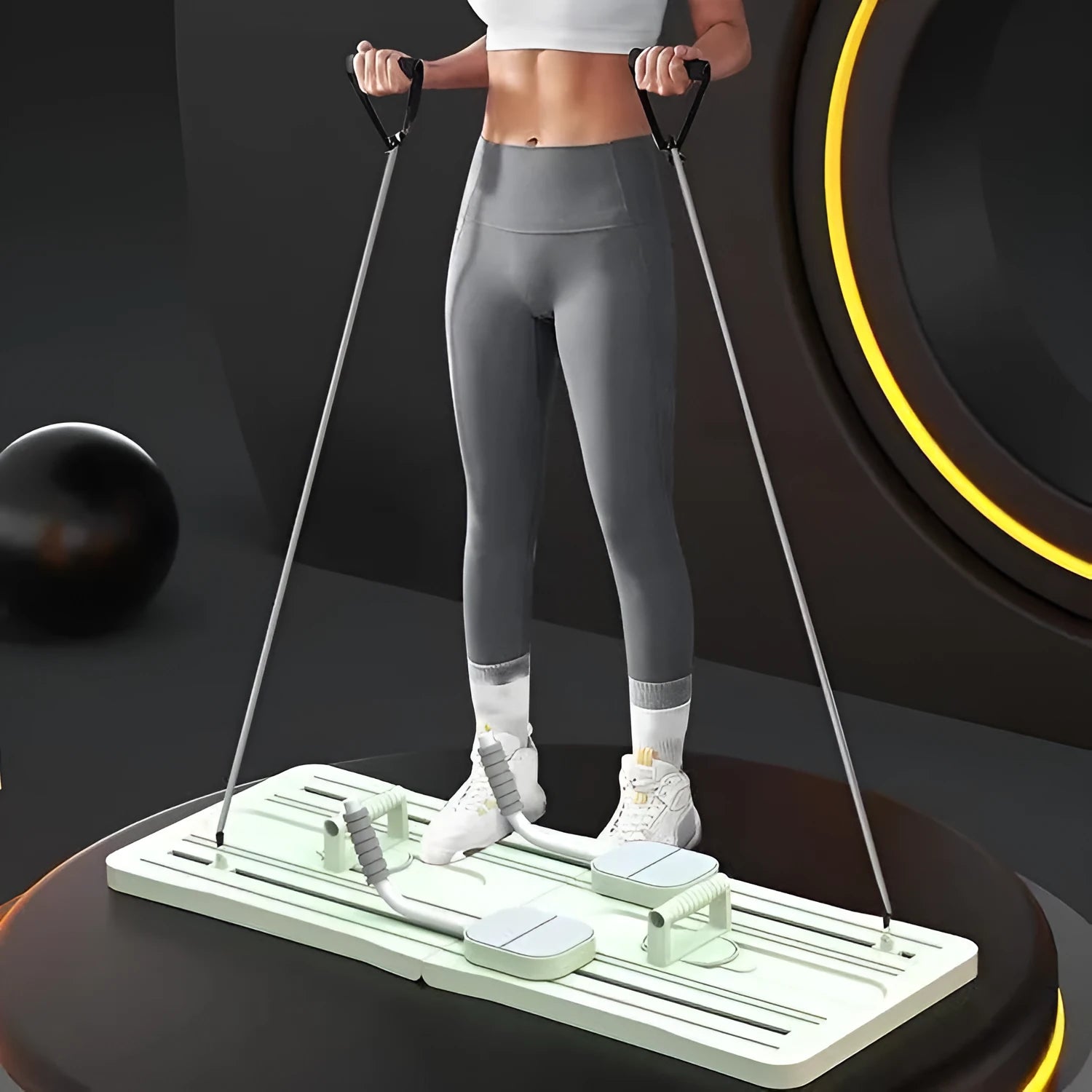 Foldable purple PP fitness belly panel shown flat, used for core workouts at home.