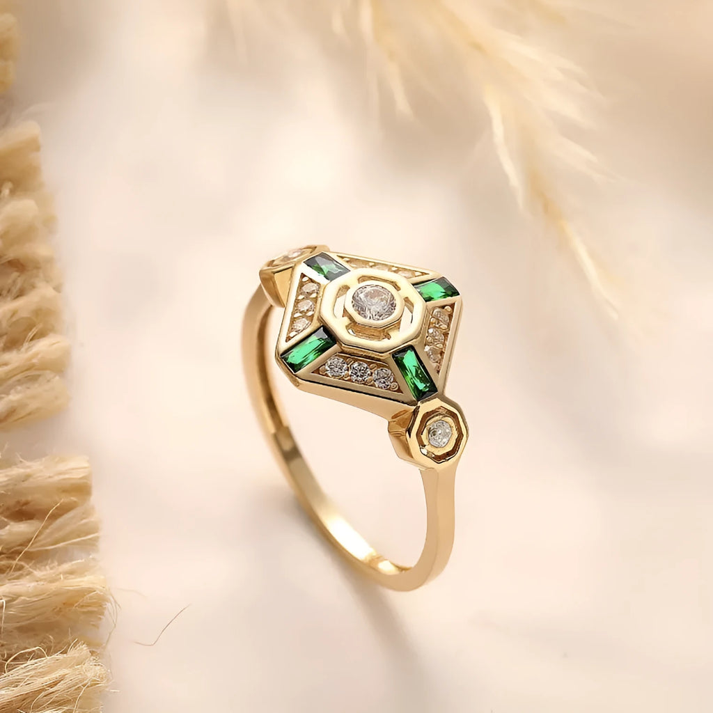 Square geometric emerald diamond ring in lvzuan colour with Ins style design