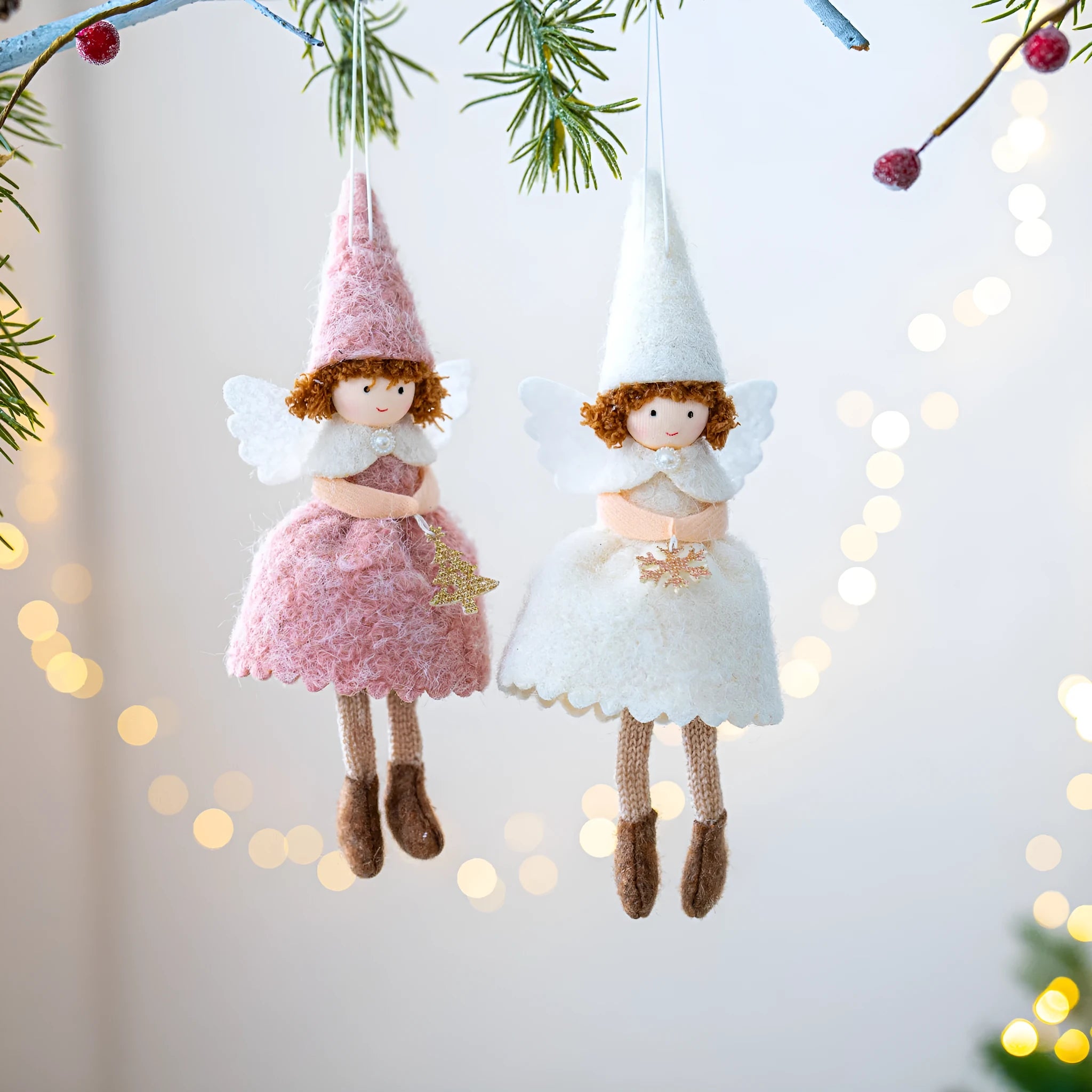 White and pink Christmas angel skirt felt pendant ornament with plush texture