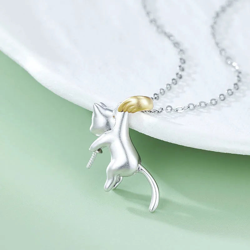 925 sterling silver clavicle chain necklace with cat pendant and electroplating finish