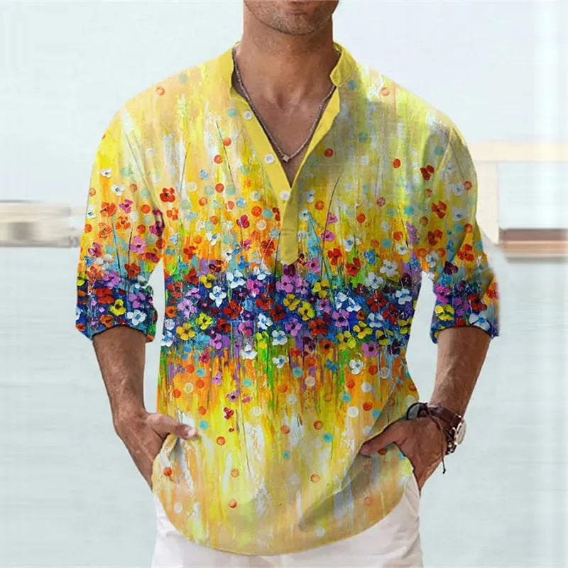 British-style bamboo hemp short sleeve shirt with 3D thermal transfer striped pattern