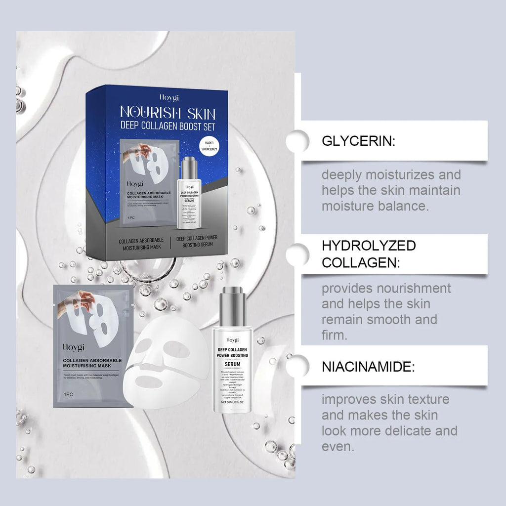 Collagen moisturising sheet mask and 30ml serum essence bottle for facial skincare