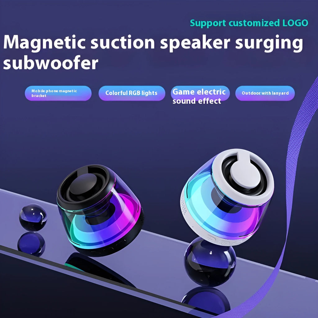 Small round portable wireless Bluetooth speaker with mood lighting in black or white colour, showing magnetic base.