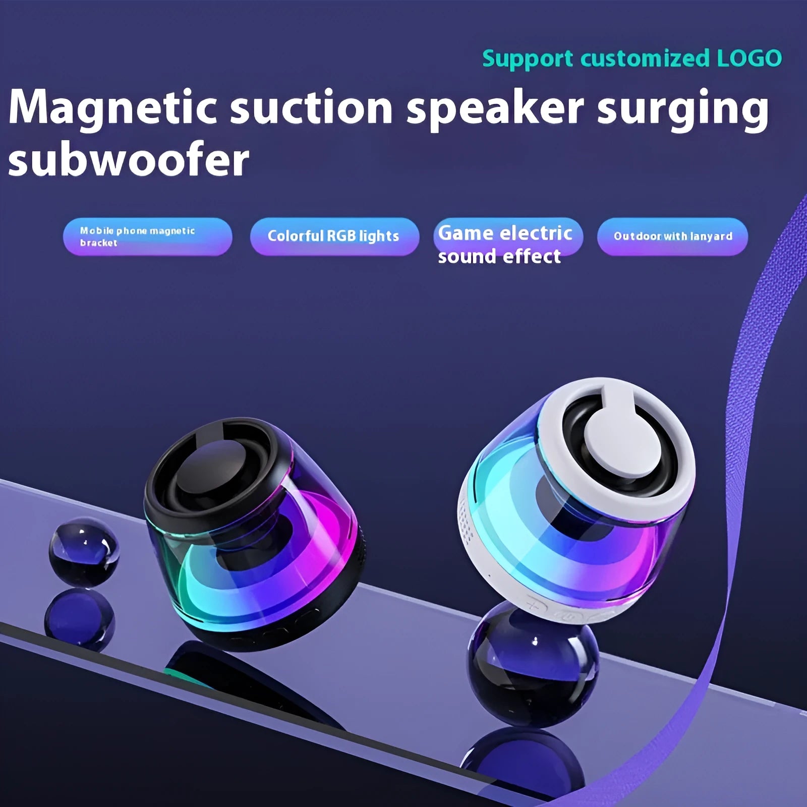 Small round portable wireless Bluetooth speaker with mood lighting in black or white colour, showing magnetic base.