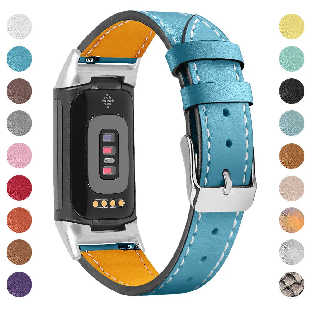Genuine cowhide leather replacement strap for Fitbit Charge 5 and Charge 6 smartwatch in multiple colours.