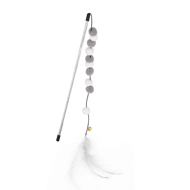 31cm long cat teaser rod with colourful feather pompon and bell attachments