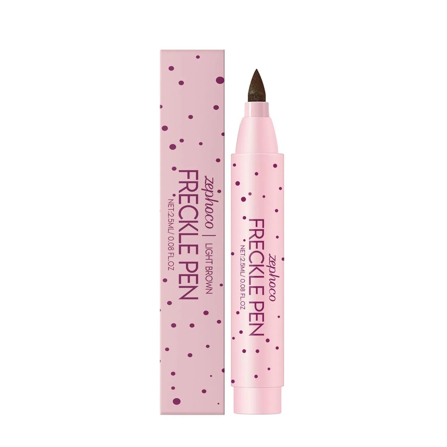 Cosmetic freckle pen with brush tip applicator for applying faux freckles.