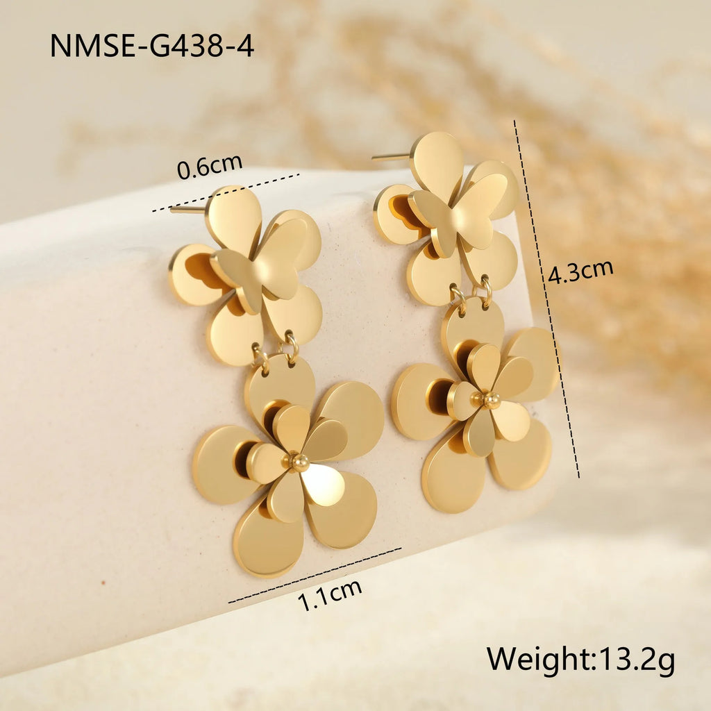 Gold flower butterfly stainless steel earrings with electroplated 18K finish for women